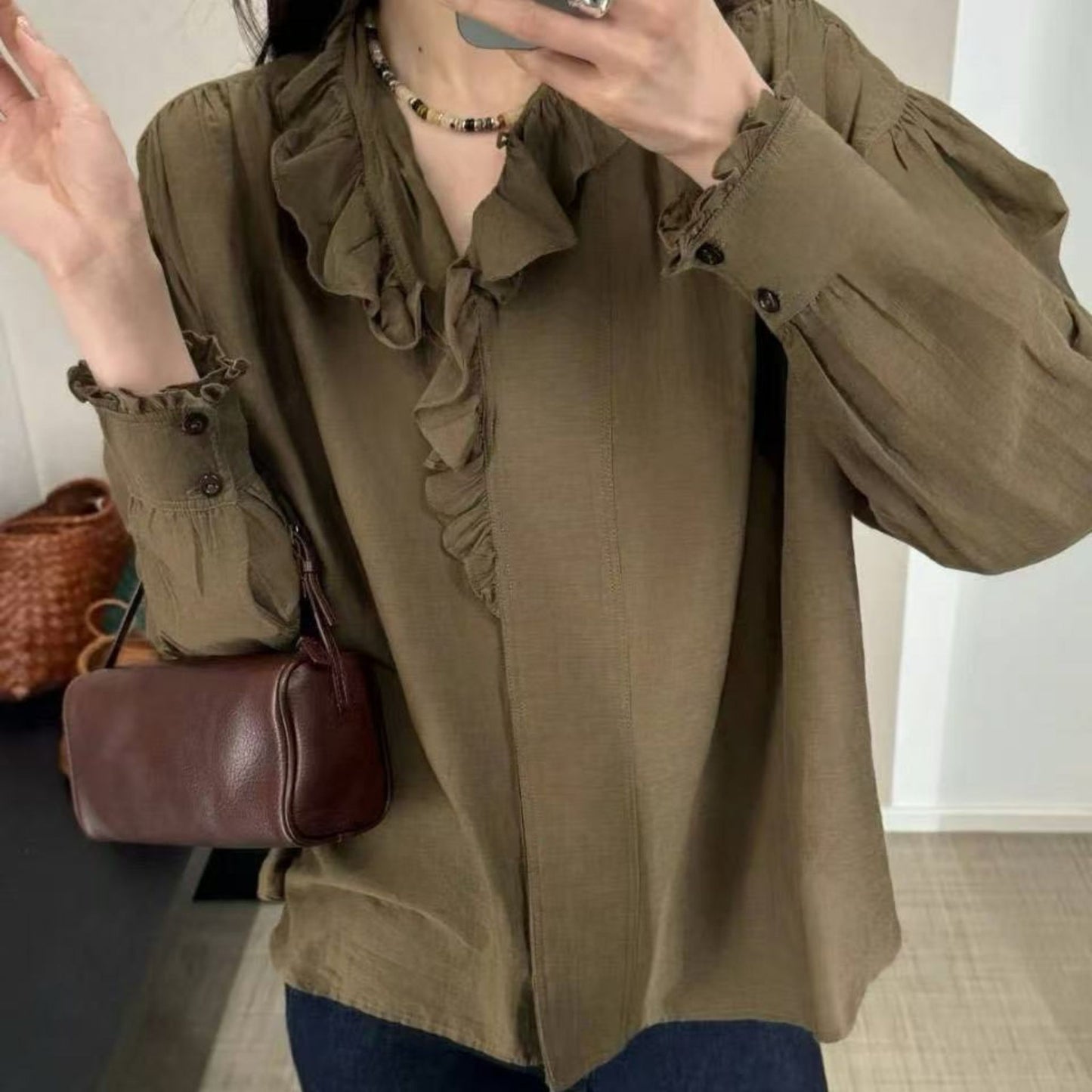 Retro Romance Rüschenbluse Khaki