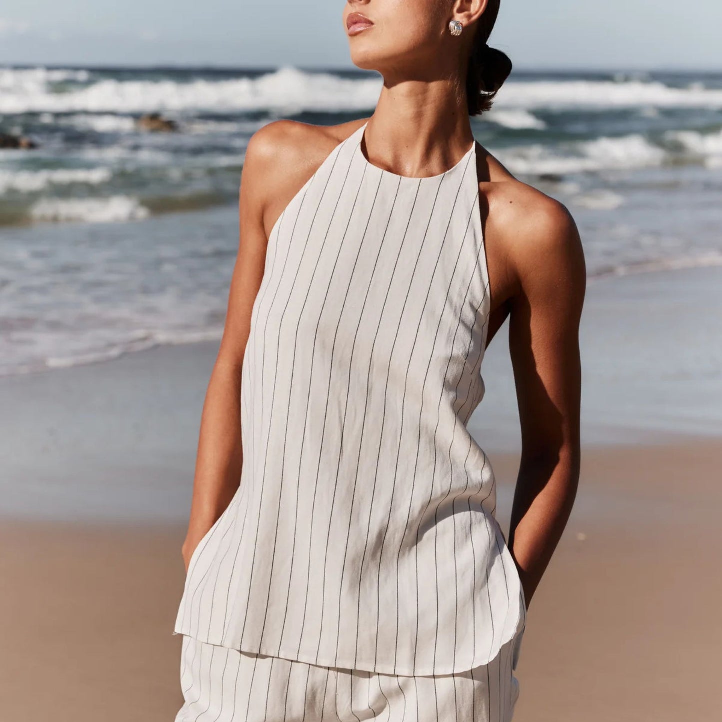 Striped Sleeveless Flax Blend Pantsuit