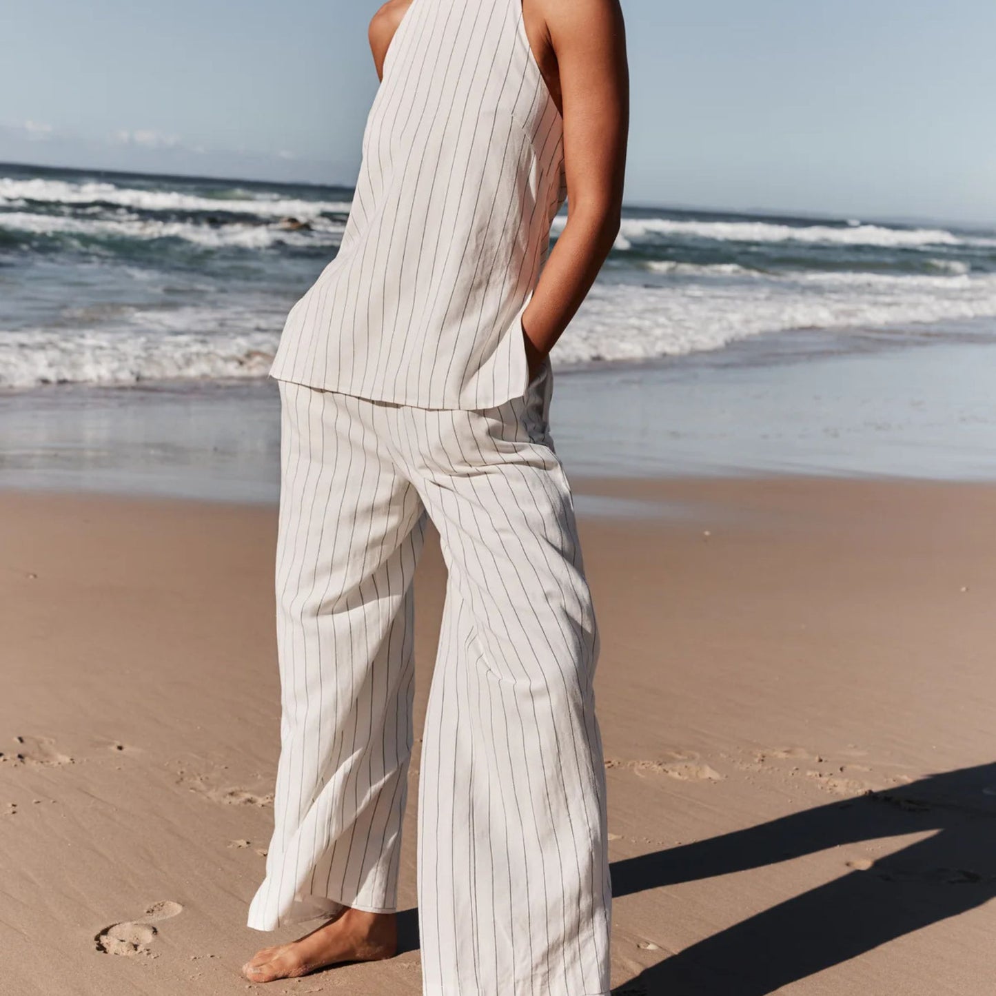 Striped Sleeveless Flax Blend Pantsuit
