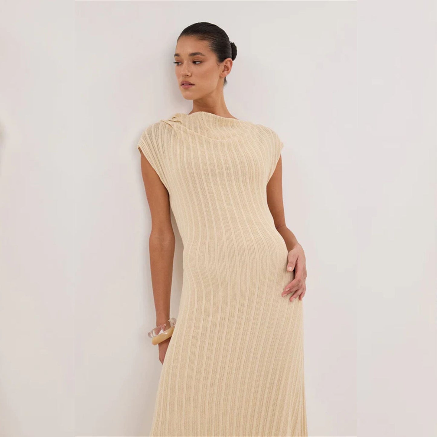 Sculpted Knit Dress in Creme