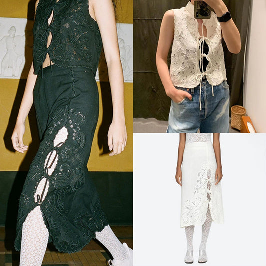 Embroidery Lace-up Sleeveless Top Black