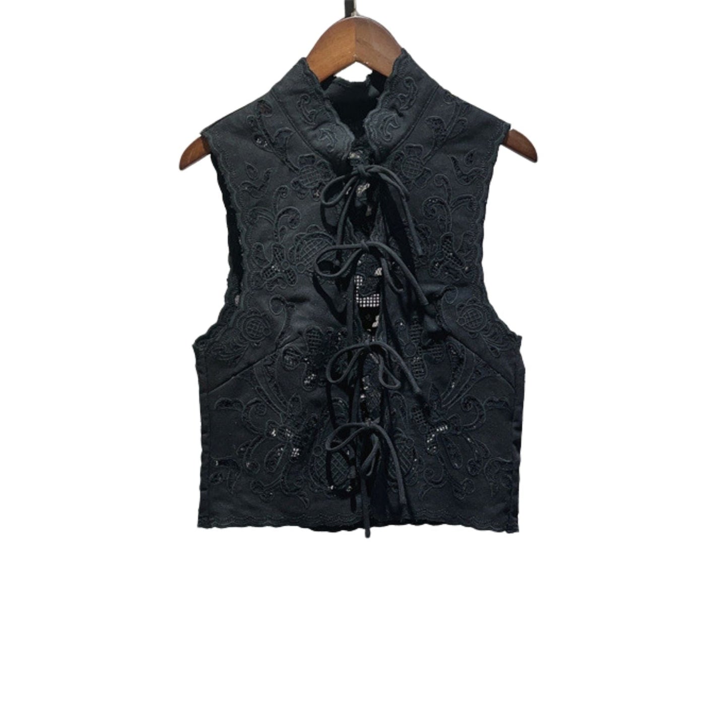 Embroidery Lace-up Sleeveless Top Black