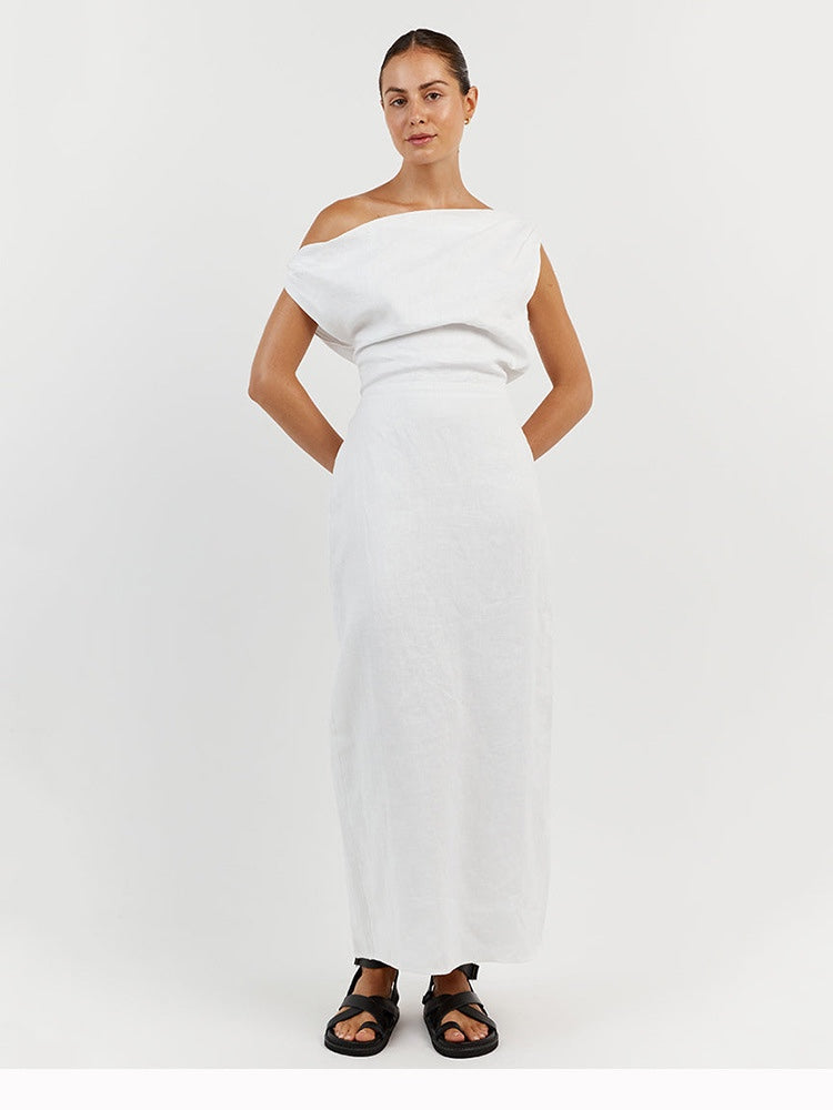 Deesse Linen Asymmetric off-shoulder Dress White