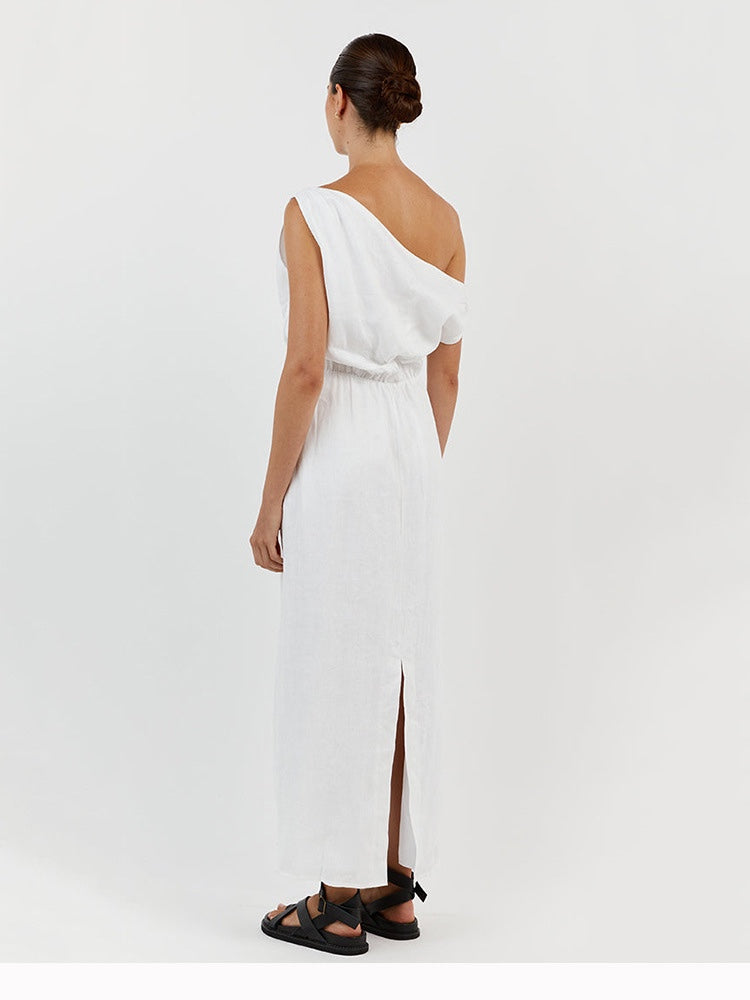 Deesse Linen Asymmetric off-shoulder Dress White