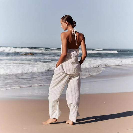 Striped Sleeveless Flax Blend Pantsuit