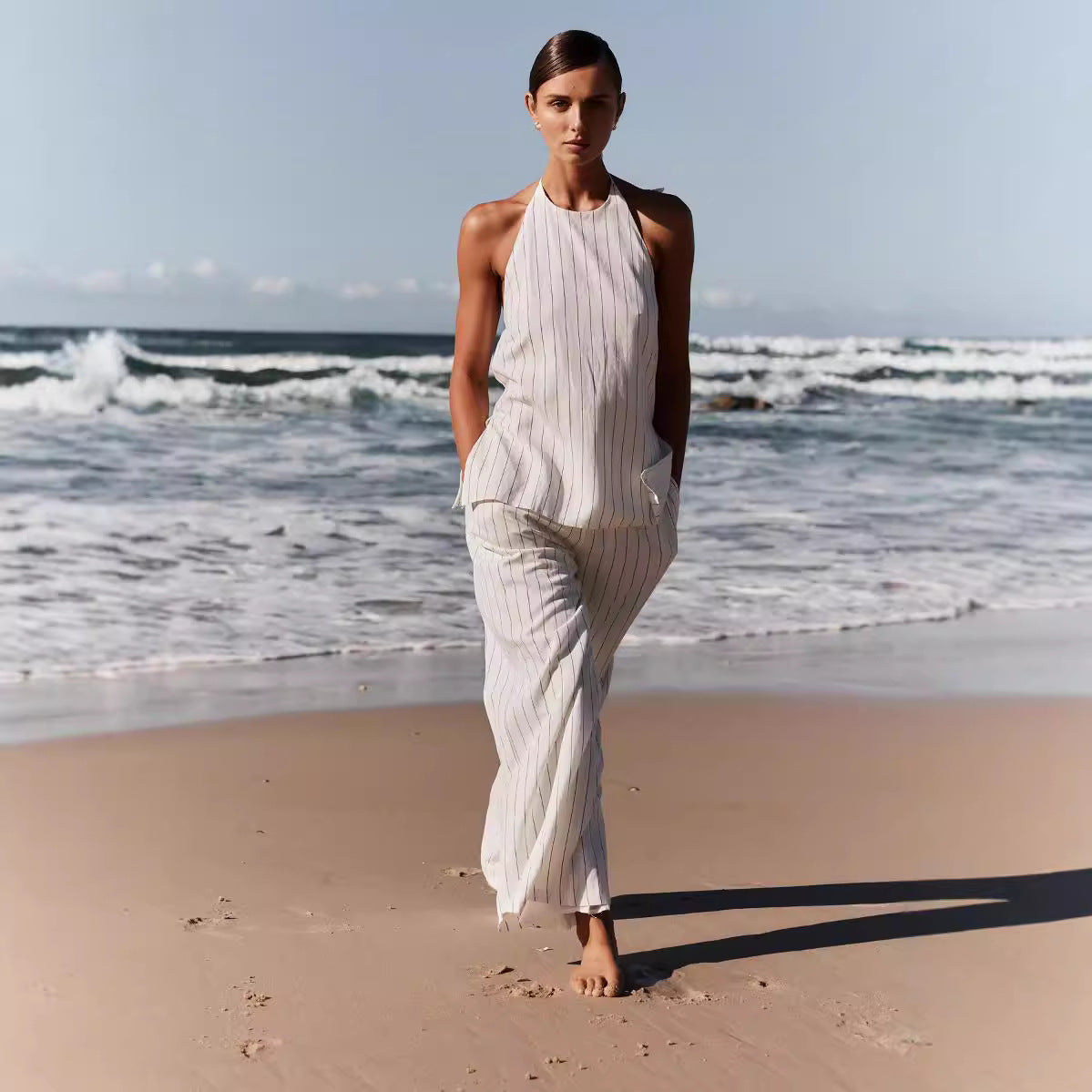 Striped Sleeveless Flax Blend Pantsuit
