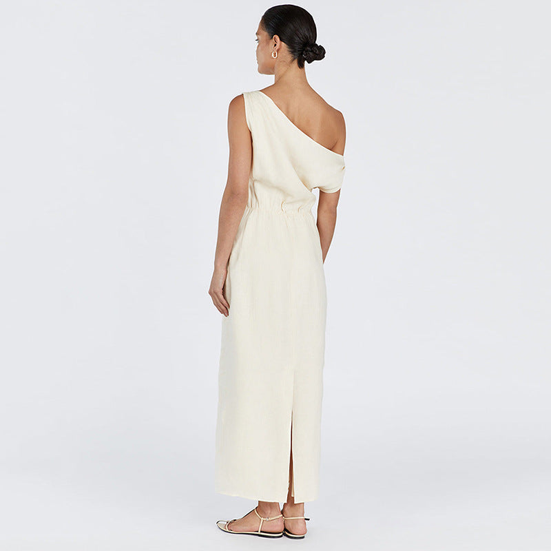 Deesse Linen Asymmetric off-shoulder Dress Creme
