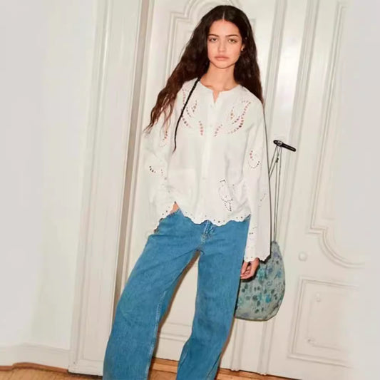 French Retro Embroidered Cotton Shirt