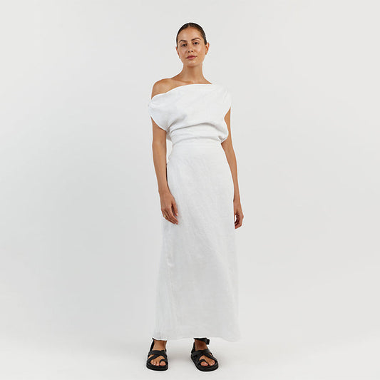 Deesse Linen Asymmetric off-shoulder Dress White
