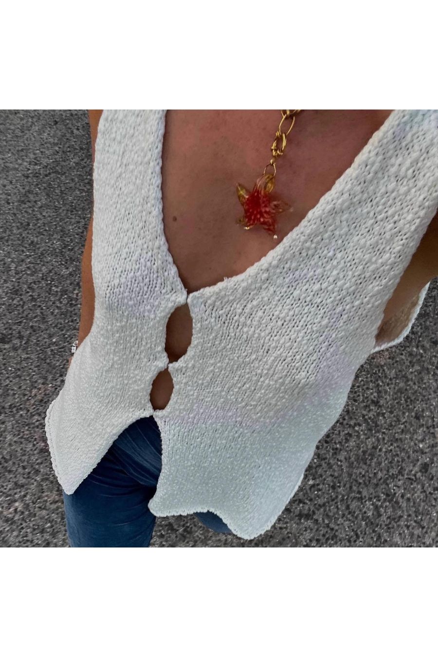 Ärmlös Stickad Pullover Vit