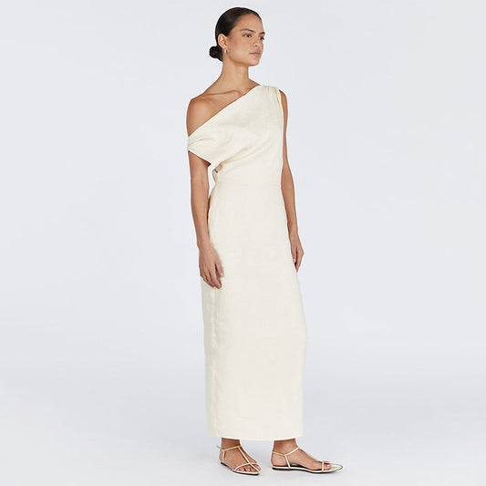 Deesse Linen Asymmetric off-shoulder Dress Creme