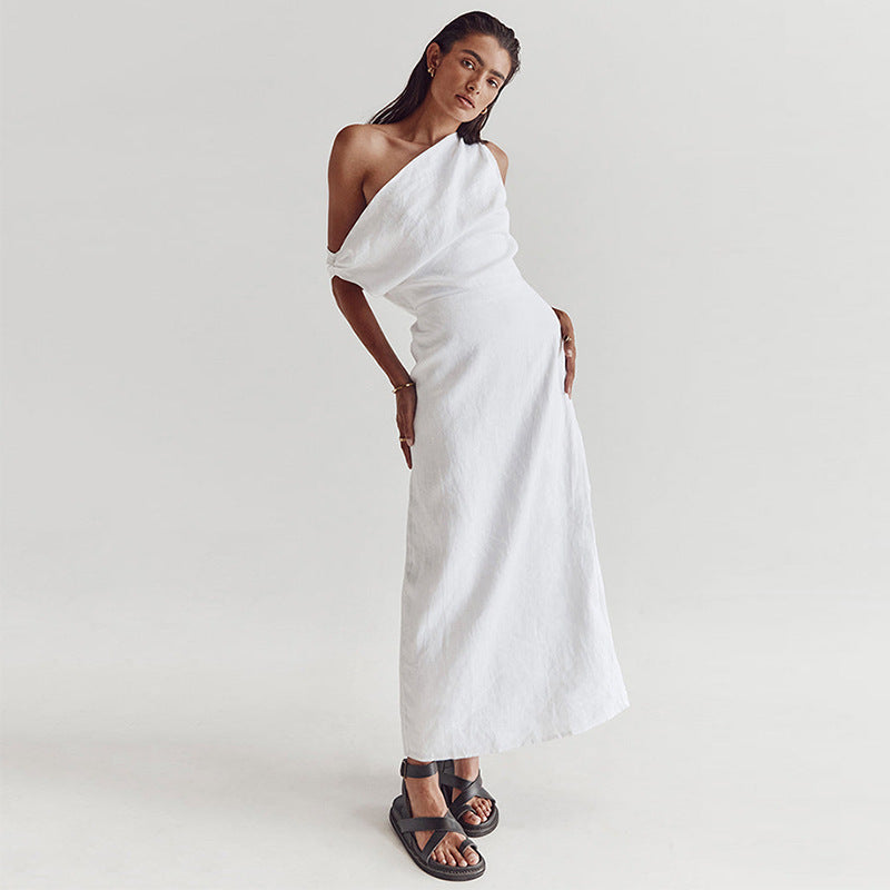 Deesse Linen Asymmetric off-shoulder Dress White