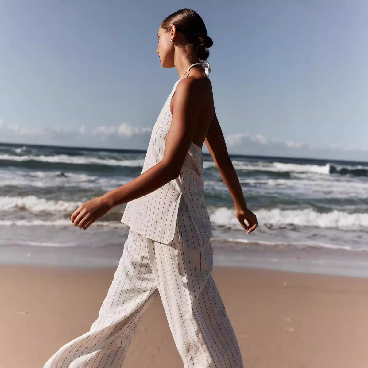 Striped Sleeveless Flax Blend Pantsuit