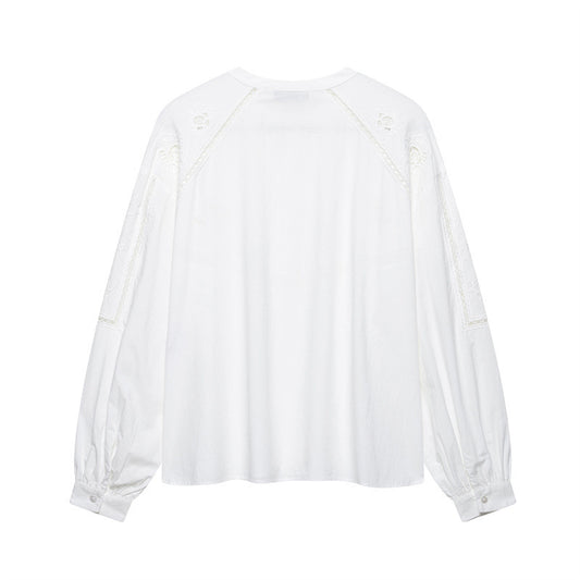 Spring Striped Lace Blouse with Embroidery