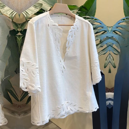 Franskinspirerad broderad bomullsblus
