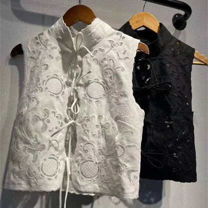Broderad Snörad Ärmlös Topp Svart