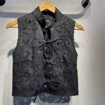 Broderad Snörad Ärmlös Topp Svart